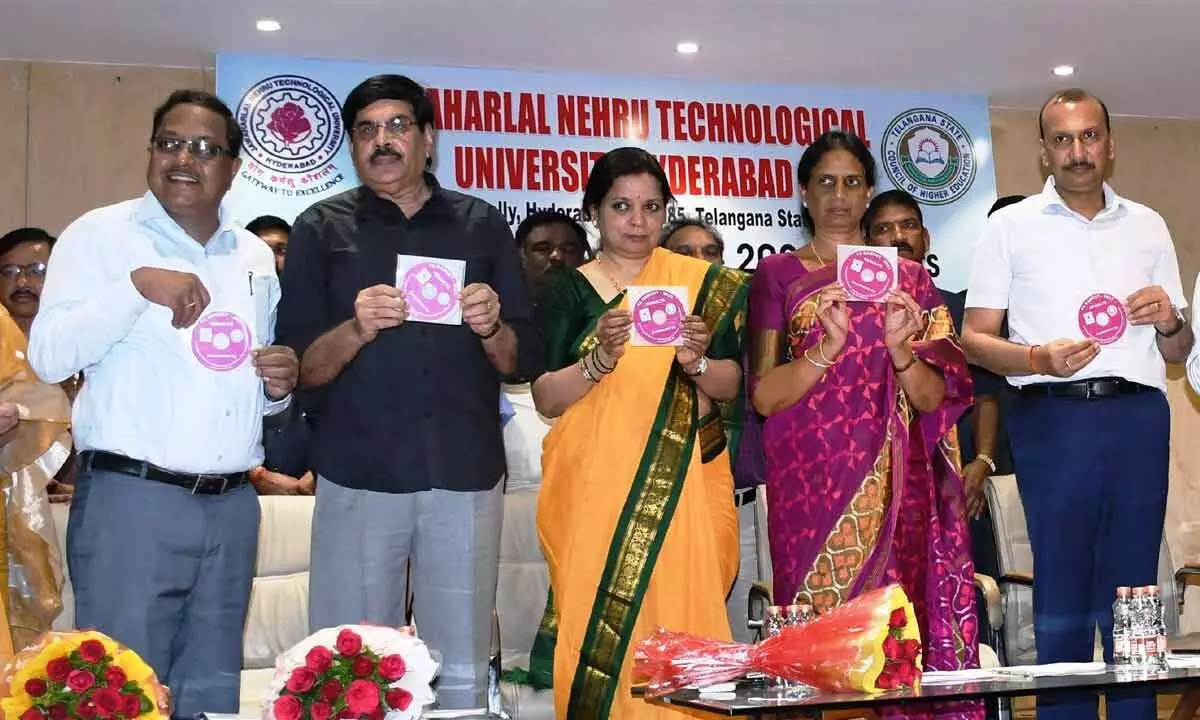 Telangana Education Minister P Sabitha Indra Reddy along with officials releasing the results of TS-EAMCET 2023 at Jawaharlal Nehru Architecture and Fine Arts University in Hyderabad on Thursday Photo G Ramesh
