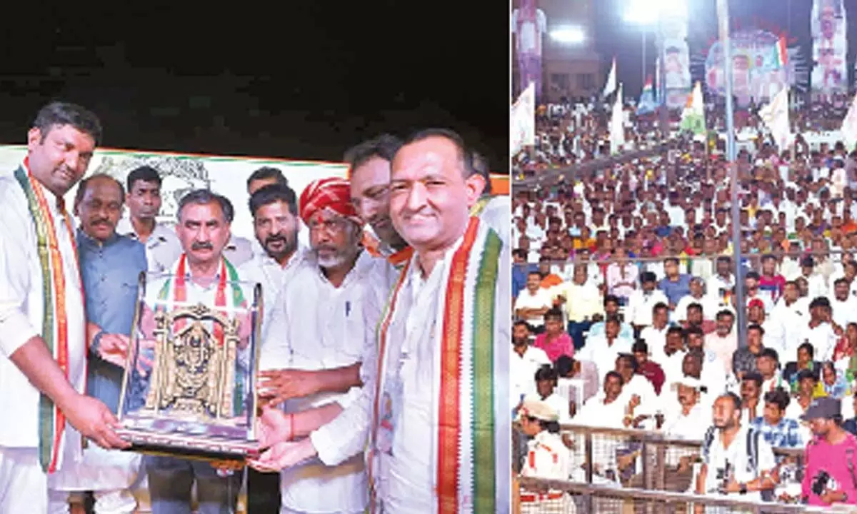 Senior Congress leaders gathered at a mass public meeting in Jadcherla as part of Public March by CLP leader Bhatti Vikramarka on Thursday