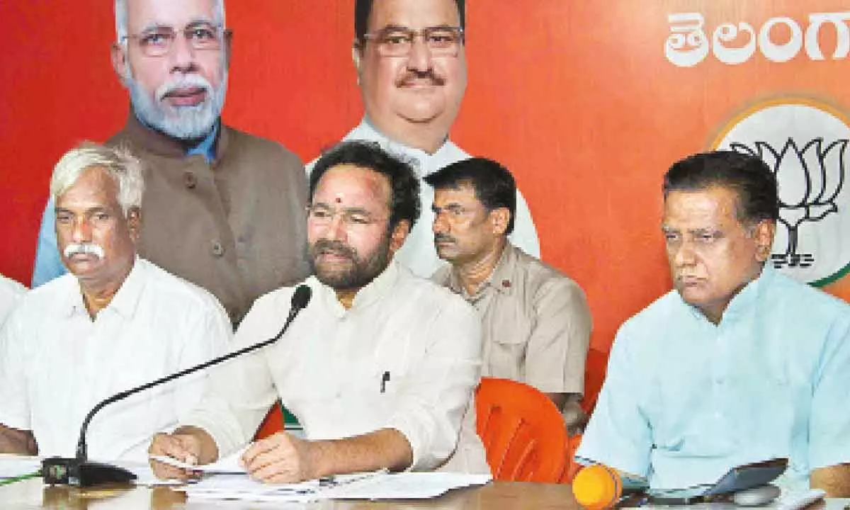 Union Minister G Kishan Reddy addressing a press conference at the State BJP office in Hyderabad on Saturday