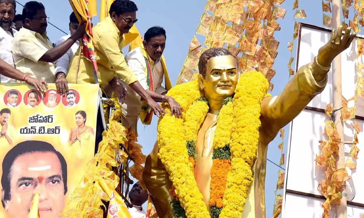 TDP MLA Gadde Rammohan Rao, Kesineni Sivanath (Chinni) and party leaders paying floral tributes to party founder and former CM late NT Rama Rao at NTR circle in Vijayawada on Sunday Photo: Ch Venkata Mastan