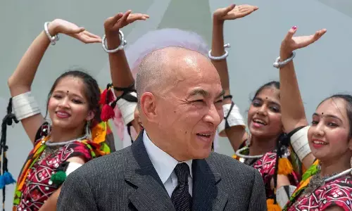 Cambodian King Norodom Sihamoni being welcomed on his arrival, in New Delhi on Monday