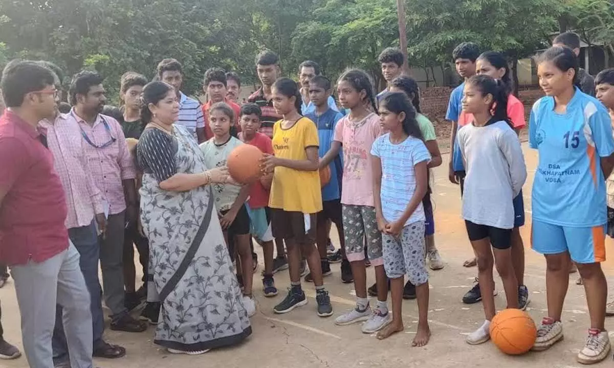 Mayor G Hari Venkata Kumari with the students at a summer camp in Visakhapatnam on Tuesday