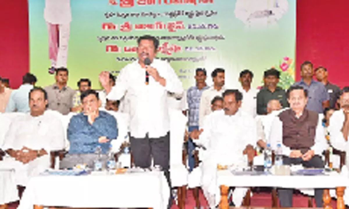 Minister for Housing Jogi Ramesh addressing a review meeting in Tirupati on Tuesday. Deputy Chief Minister K Narayana Swamy, Special Chief Secretary Ajay Jain, Tirupati Collector  K Venkataramana Reddy and others are seen.