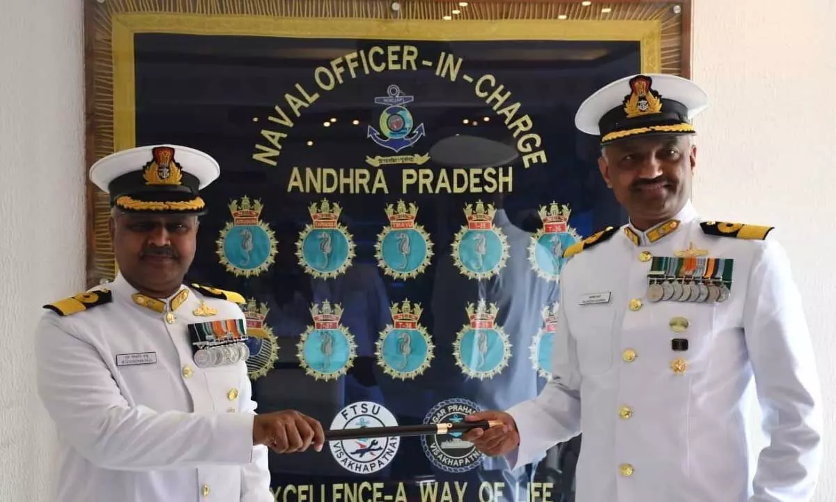 Cmde Rajneesh Sharma takes charge as Naval Officer-in-Charge, Andhra Pradesh from Cmde M Goverdhan Raju at Naval Base in Visakhapatnam on Tuesday