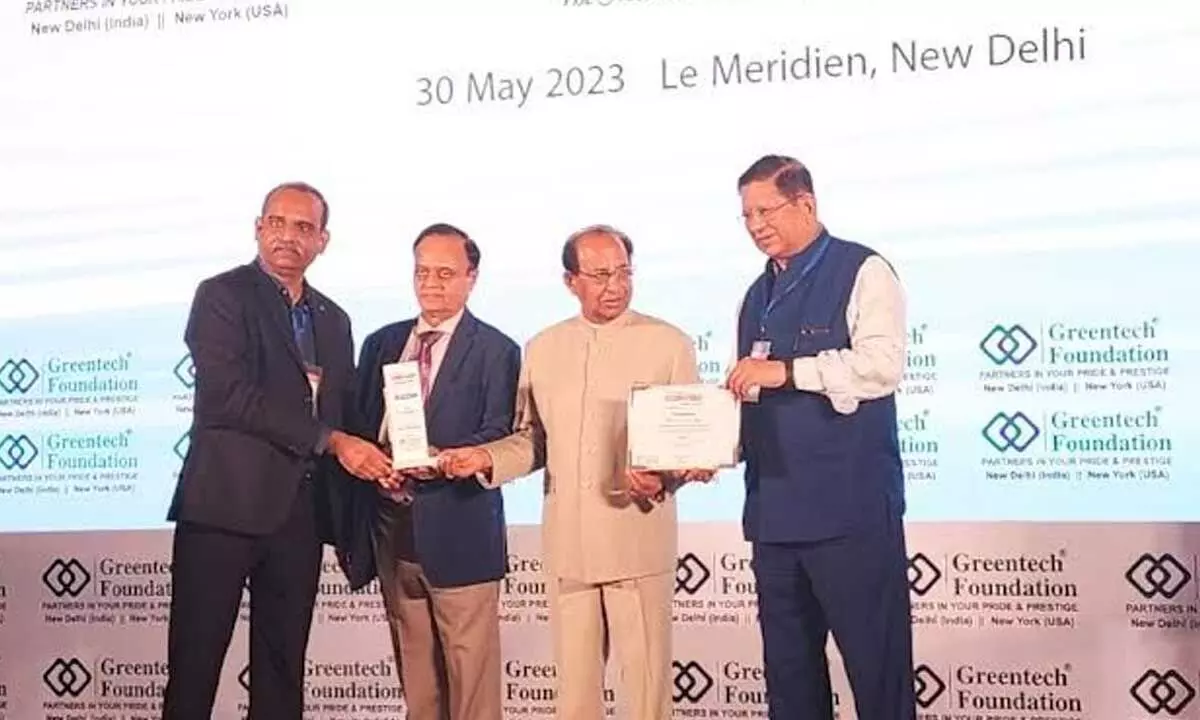 Director (Projects) A K Bagchi and additional charge director (Operations) of RINL receiving the ‘Greentech Safety Award 2023’ from former Governor of Assam Jagdish Mukhi at the  21st Annual Greentech Awards presentation function held at New Delhi