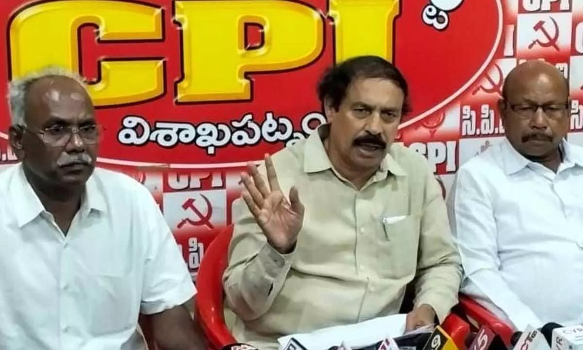 CPI state secretary K Ramakrishna addressing the media in Visakhapatnam on Wednesday