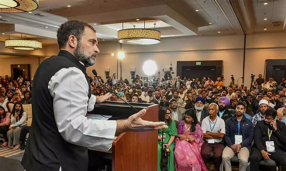 Congress leader Rahul Gandhi speaks during an interaction with the Indian diaspora, in San Francisco, USA