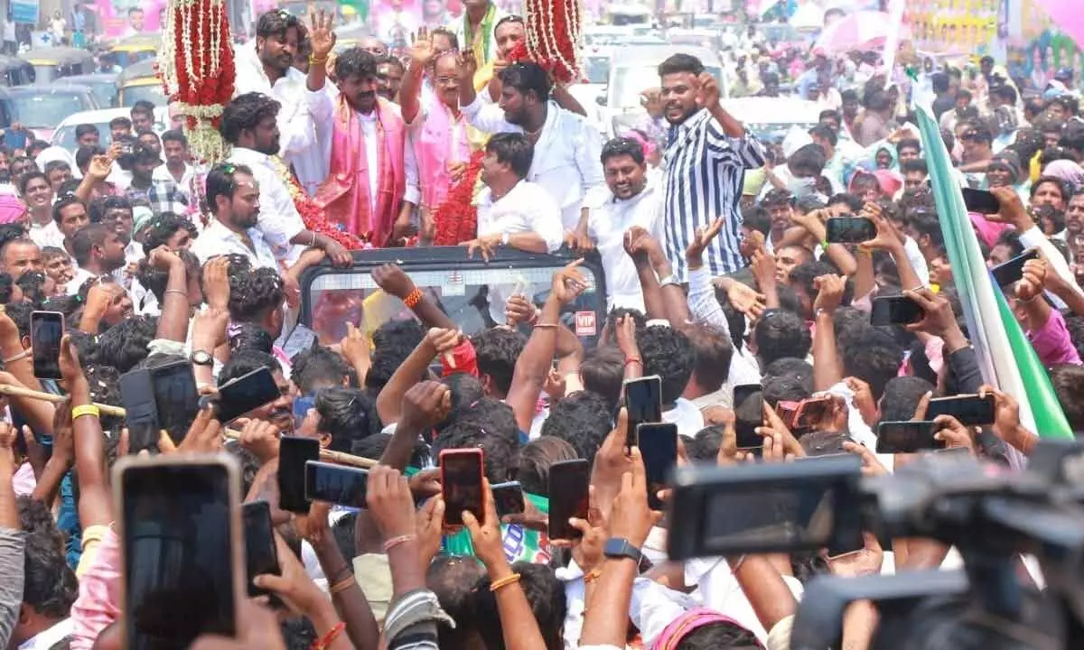 A huge rally taken out by the supporters of former MLA Vemula Veereshamon his birthday in Nakrekal on Thursday