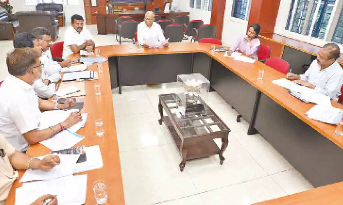 TTD EO A V Dharma Reddy holds a review with municipal corporation and Smart City project officials on Srinivasa Sethu flyover works in Tirupati on Thursday