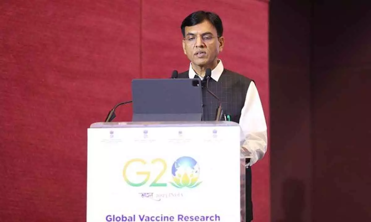 Union Minister for Health and Family Welfare Dr Mansukh Mandaviya virtually addessing the Global Vaccine Research Collaborative Discussions, a co-branded event of G20 on the occasion of the 3rd Health Working Group Meeting scheduled to be held from June 4 to 6, in Hyderabad on Saturday