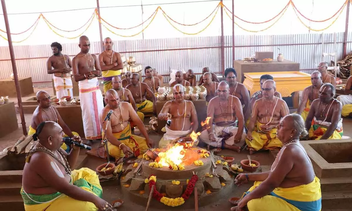 TTD priests performing homam on the first day of the five-day Maha Samprokshanam in the newly-built Sri Venkateswara Swamy temple at Jammu on Sunday