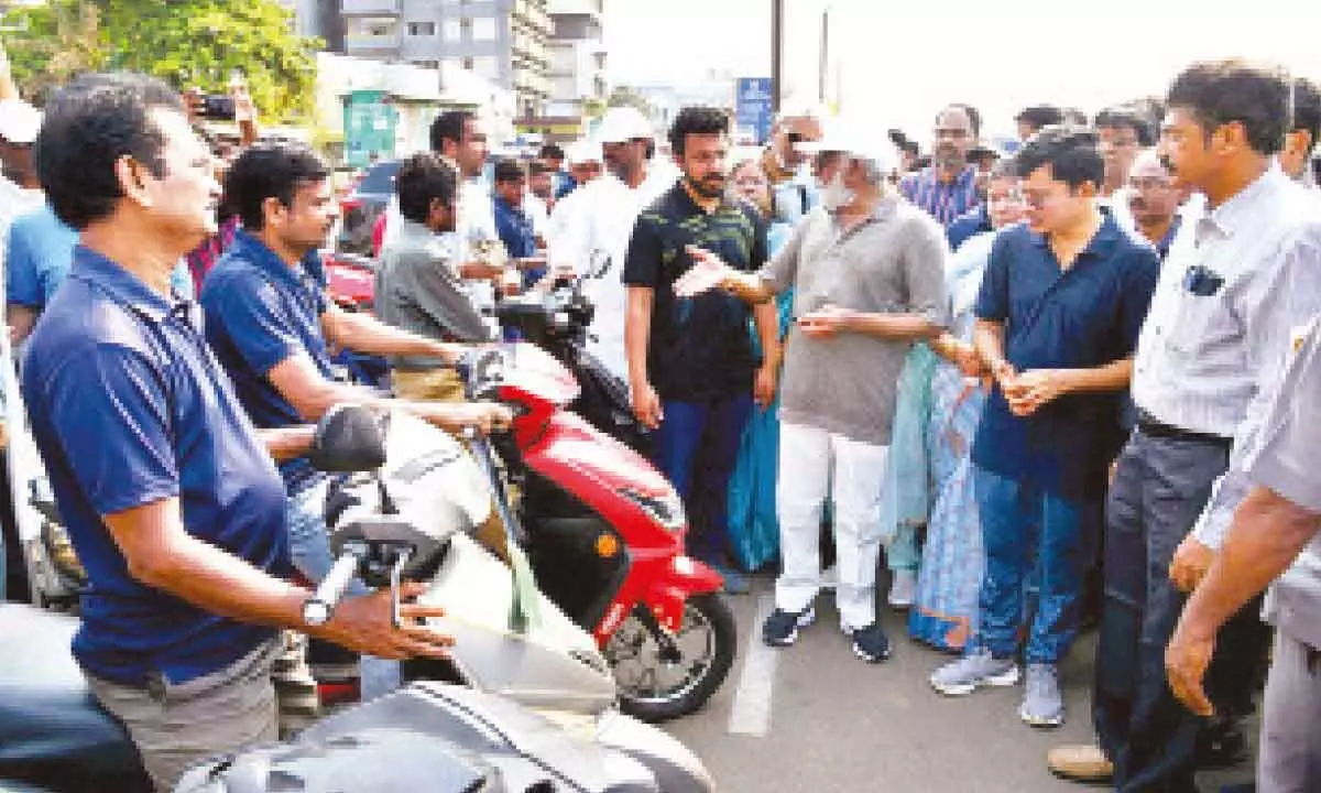 Mayor G Hari Venkata Kumari, GVMC commissioner CM Saikanth Varma, YSRCP north Andhra regional coordinator Y V Subba Reddy and district collector A Mallikarjuna launching enforcement vehicles at R K Beach in Visakhapatnam on Monday