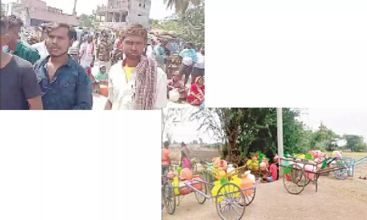 Residents staging a  protest in front of Kowthalam gram  panchayat office; Residents of Madire village in Kowthalam mandal throng a  borewell to fetch a pot of water