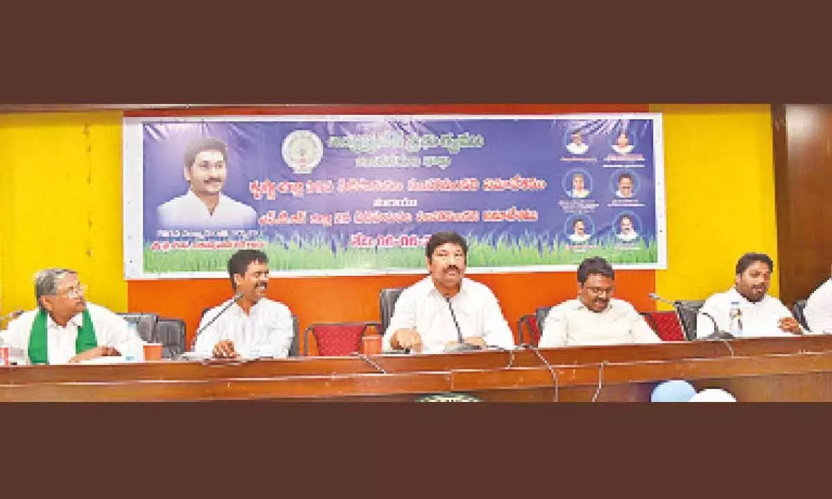 Minister Jogi Ramesh speaking at the Irrigation Advisory Board meeting in Vijayawada on Tuesday. Krishna district Collector P Raja Babu and NTR district Collector S Dilli Rao are also seen.