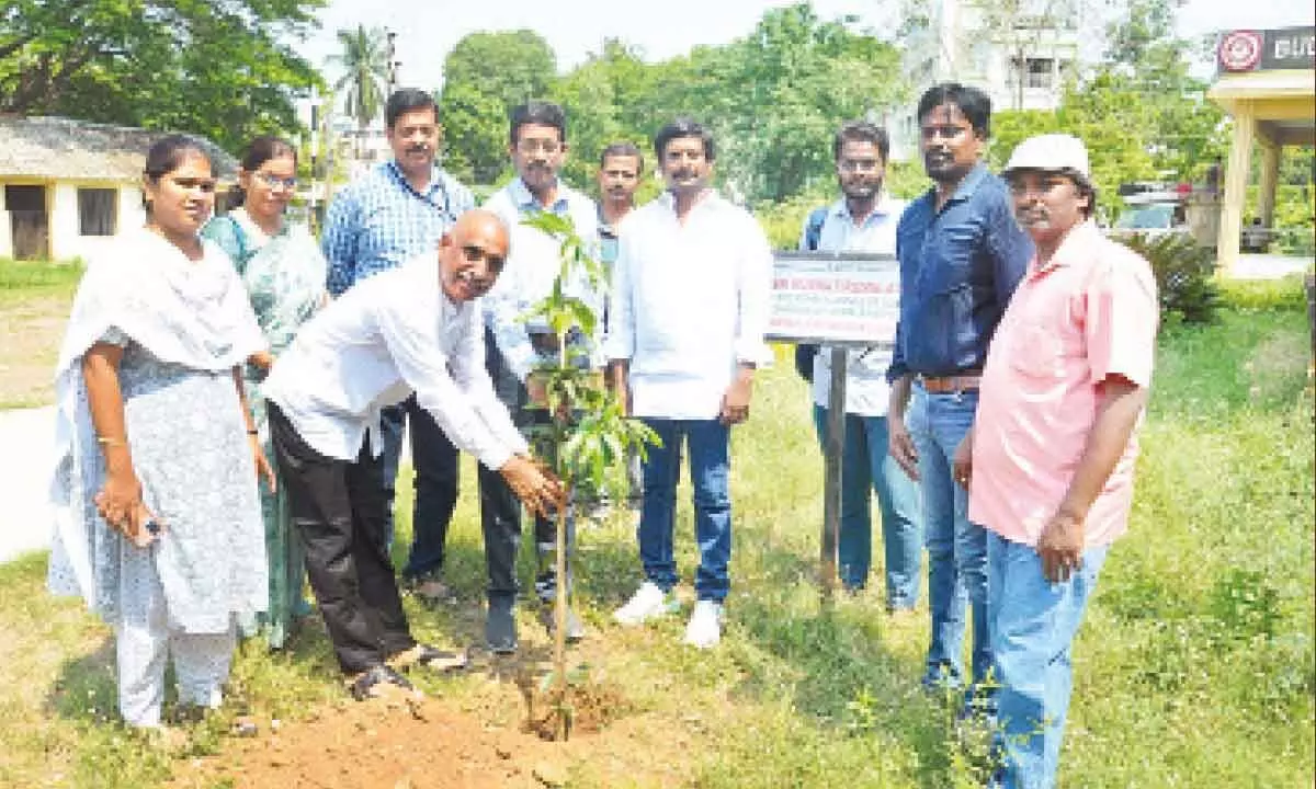 Nunna Tirumala Rao, Head of Tirumala Educational Institutions, planting saplings on the premises of the Government Degree College in Rajamahendravaram on Tuesday