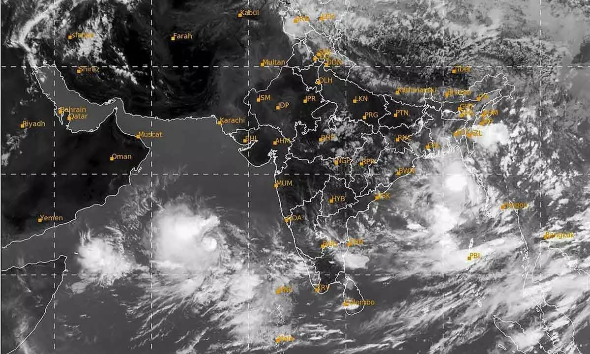 Satellite image taken between 100 pm to 126 pm IST shows the location of Cyclone Biparjoy in the Arabian Sea, on Wednesday