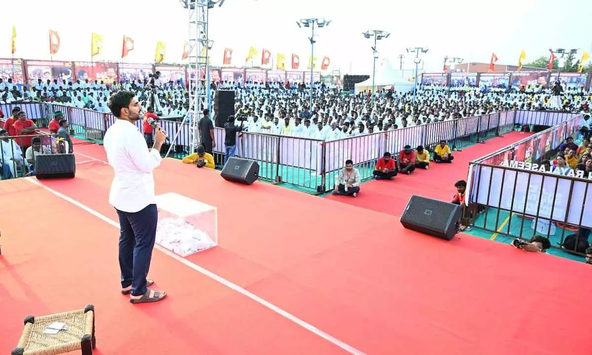 TDP national general secretary Nara Lokesh addressing a meeting as part of his Yuva Galam padayatra in Kadapa on Wednesday