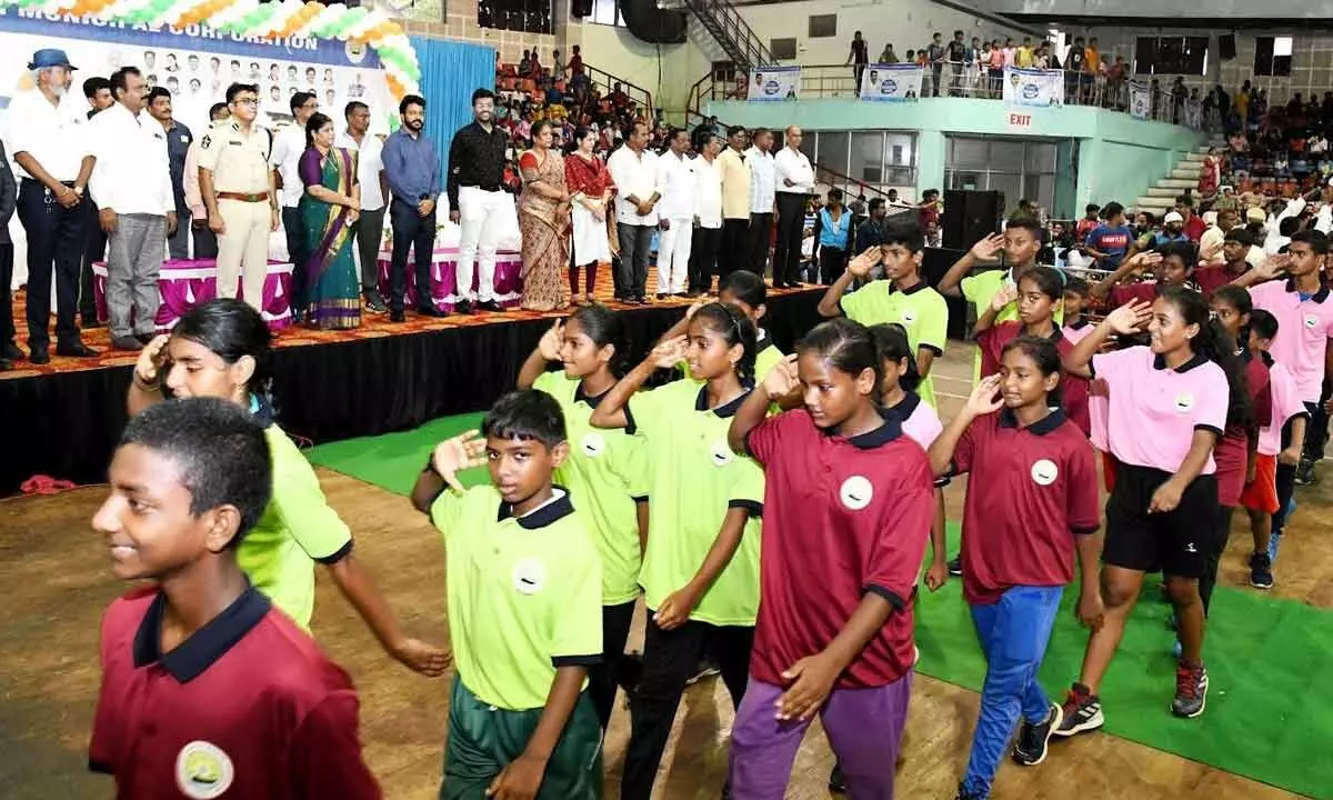 Children at the valedictory of the summer camp organised by the GVMC at Swarna Bharathi Indoor Stadium in Visakhapatnam on Wednesday