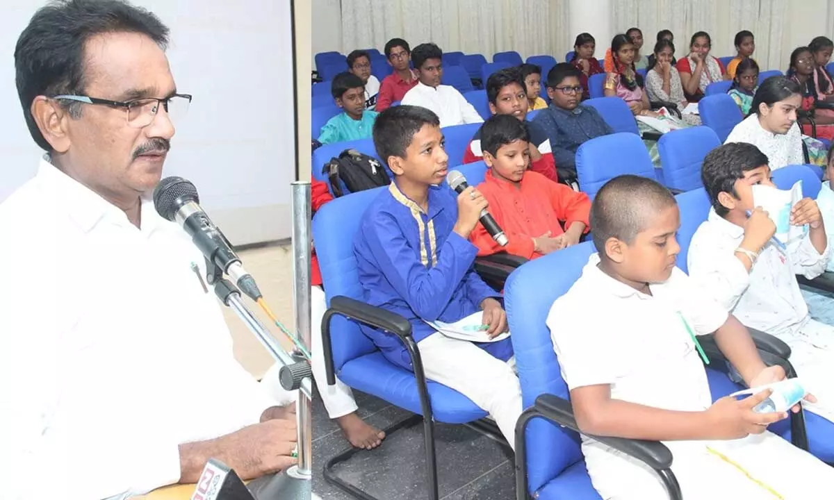 TTD Educational Officer Bhaskar Reddy addressing the children at a summer camp held at SVETA Bhavan in Tirupati on Wednesday. (Right) A view of children participated in the awareness programme.