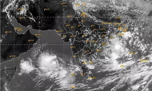 Satellite image taken between 100 pm to 126 pm IST shows the location of Cyclone Biparjoy in the Arabian Sea, on Wednesday