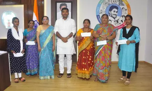 Minister Gudivada Amarnath at the Secretariat at Velagapudi with the family members of the workers who died in a fire accident in Maldives