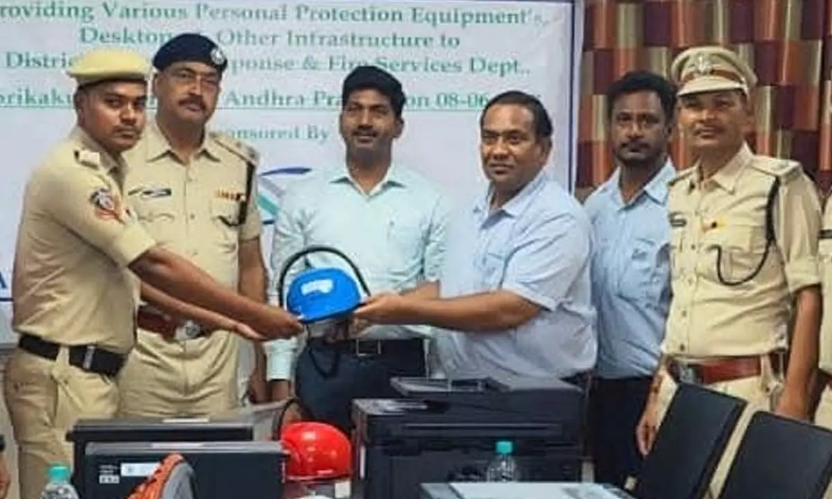 Aurobindo Pharmaceutical Foundation officials distributing PP kits and office equipment to fire safety department in Srikakulam on Thursday