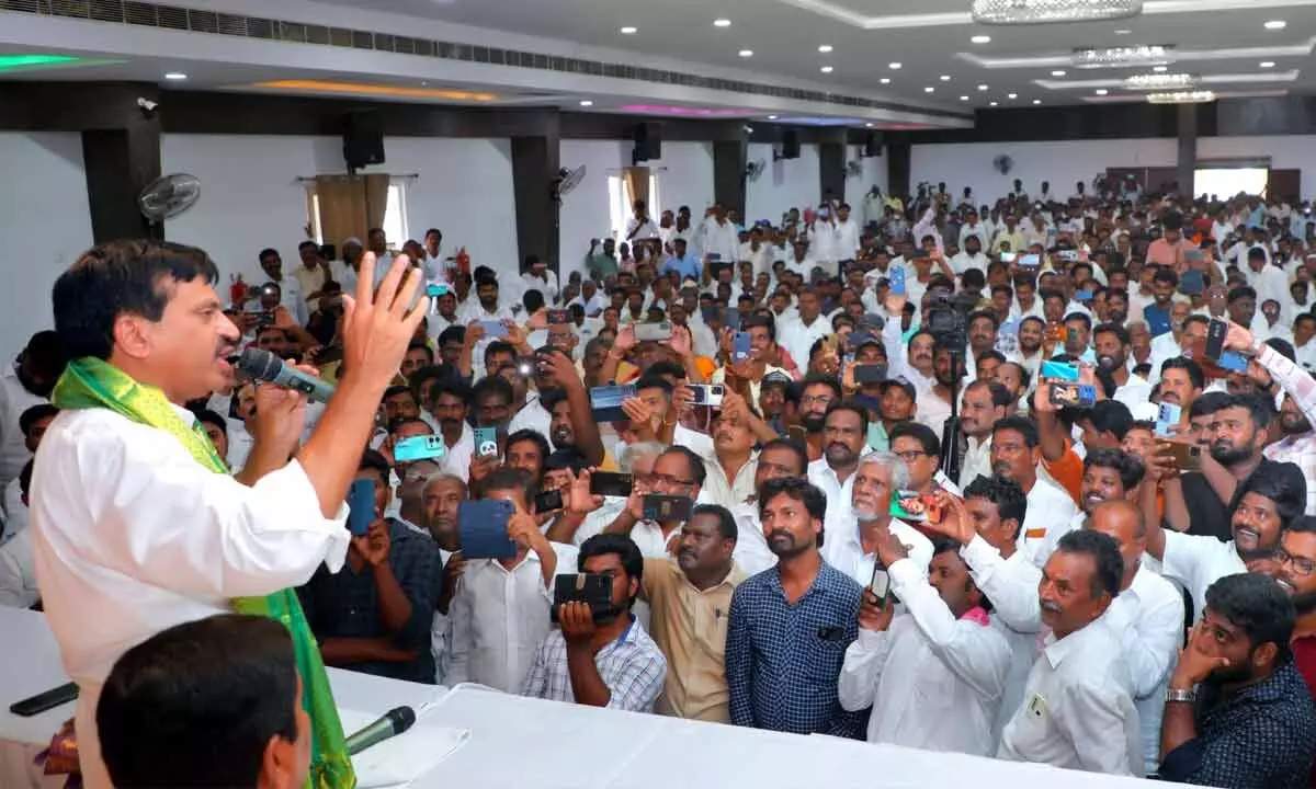 Former MP Ponguleti Srinivas Reddy speaking to his followers at a meeting held in Khammam on Friday