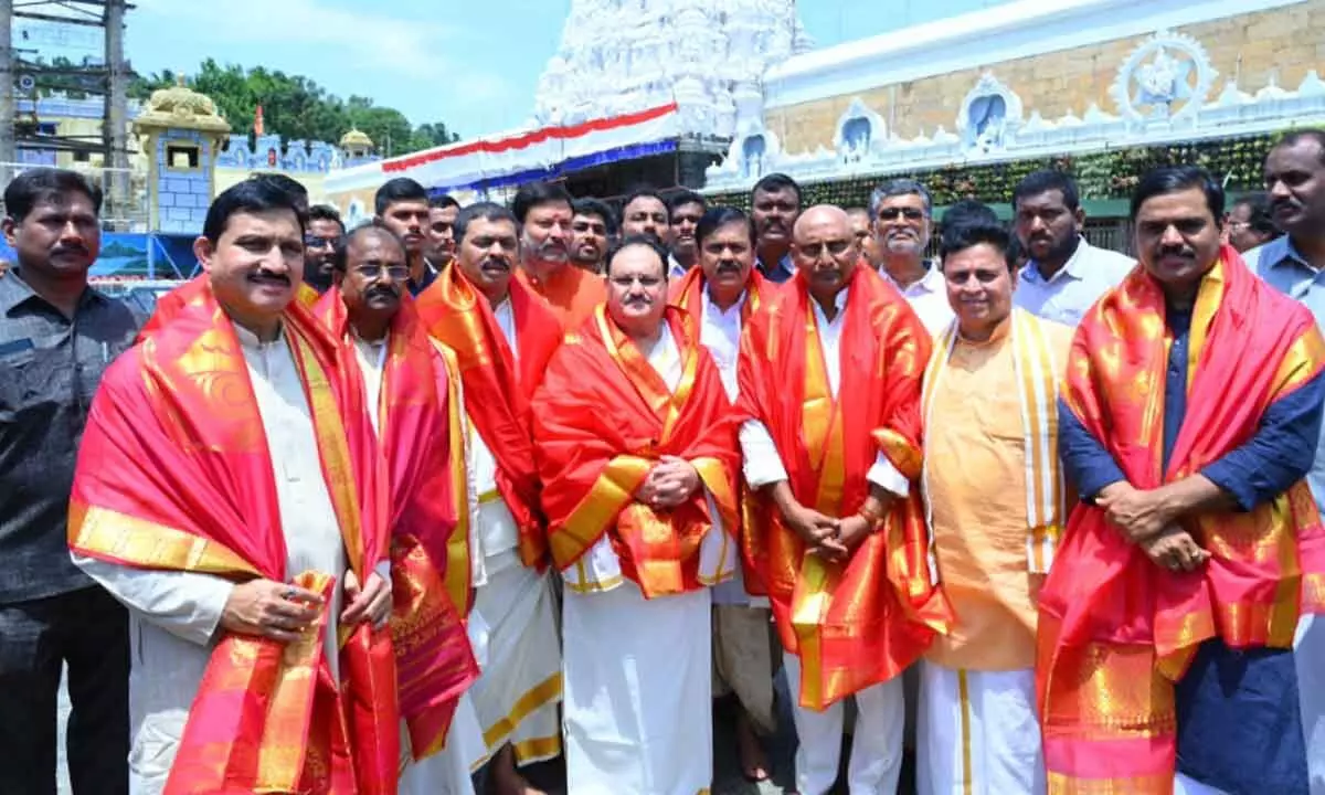 BJP National President JP Nadda visits Tirumala temple offers prayers