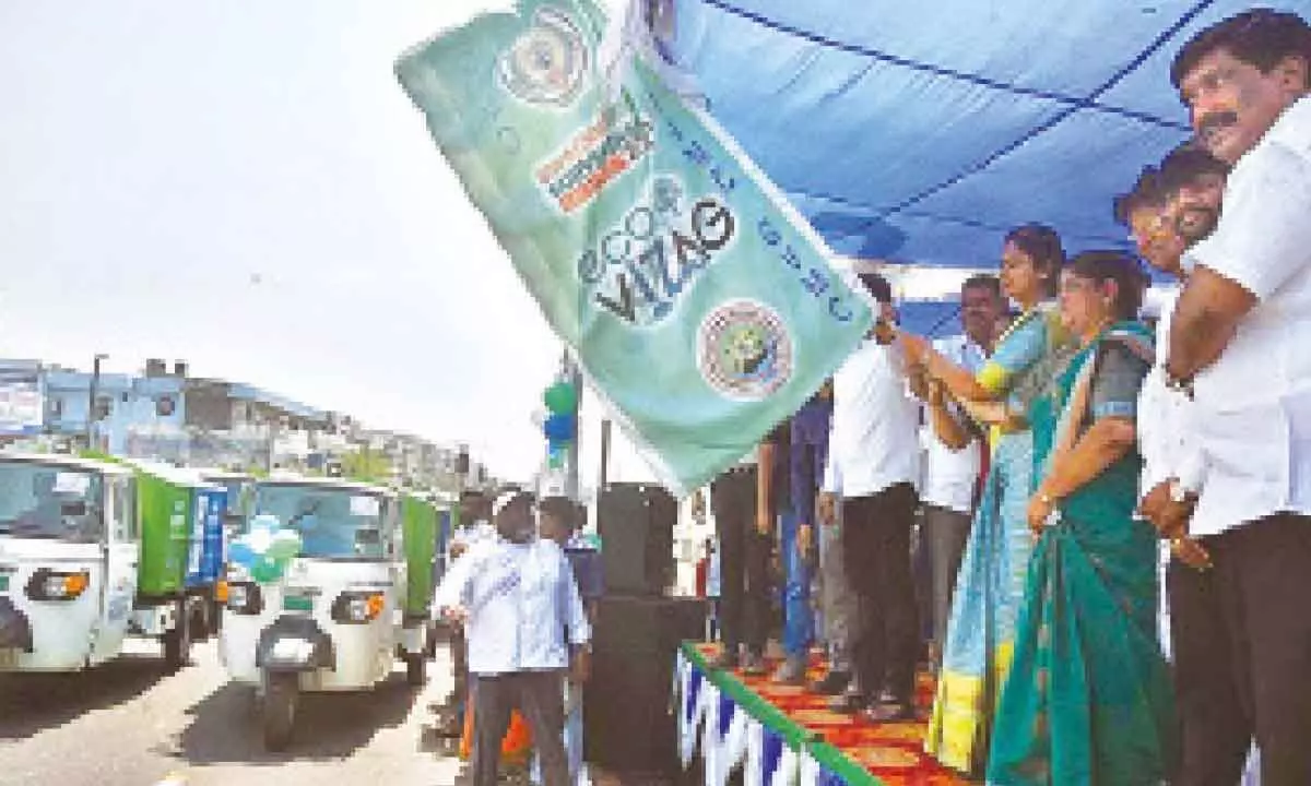 District in-charge and health minister Vidadala Rajini flags off e-autos in Visakhapatnam on Saturday