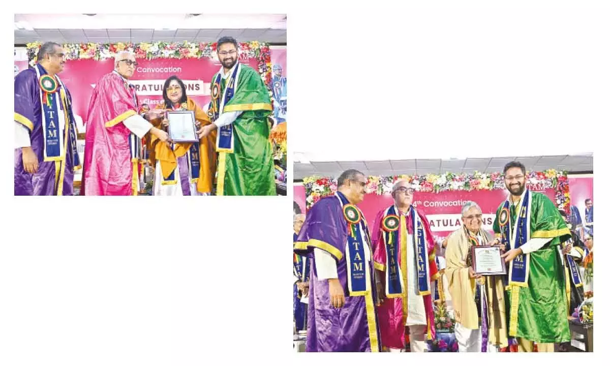 Veteran actor Vanisri receiving honorary doctorate (DLit) at GITAM’s 14th convocation ceremony held in Visakhapatnam on Saturday; India’s Light Combat Aircraft (LCA) Tejas Chief Designer Kota Harinarayana receiving honorary degree of Doctor of Science (DSc) at GITAM’s 14th convocation ceremony held in Visakhapatnam on Saturday