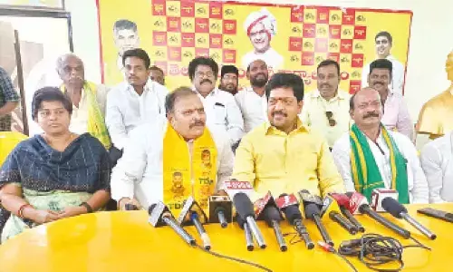 TDP politburo member Kollu Ravindra addressing the media at  Machilipatnam on Saturday