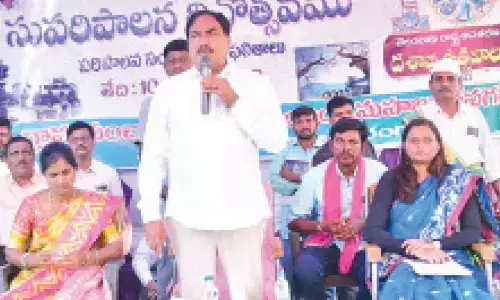 Minister for Panchayat Raj and Rural Development Errabelli Dayakar Rao speaking at the Good Governance Day programme  at Mahbubnagar village under Raiparthy mandal in Warangal district on Saturday