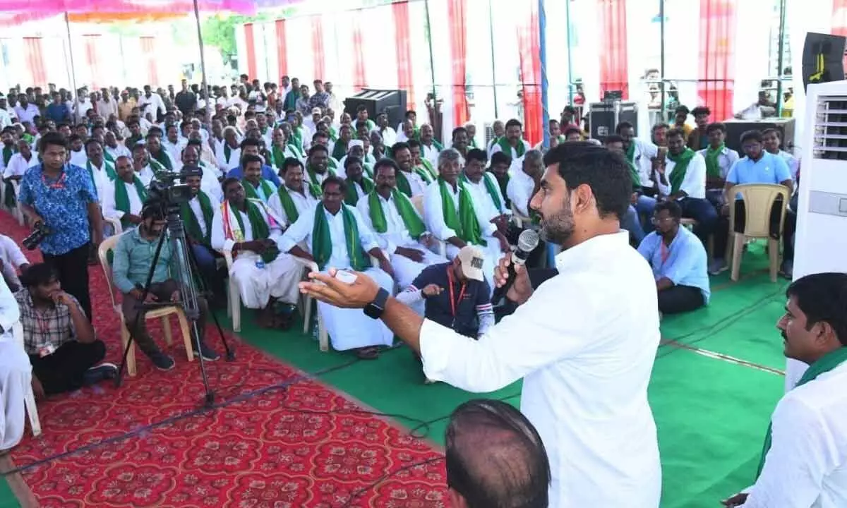 TDP national general secretary Nara Lokesh addressing farmers at a meeting in Badvel in YSR district on Sunday