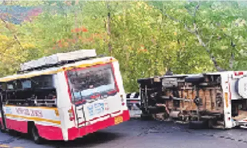 The tempo traveller which overturned on Tirumala ghat road on Sunday