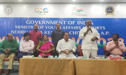 MP N Reddappa speaking at the valedictory meet of Nehru Yuva Kendra in Chittoor on Sunday. MLA A Srinivasulu is also seen.