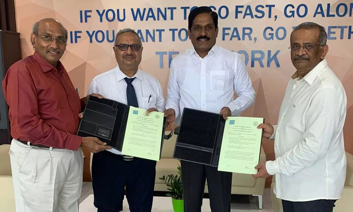 KMCGT members and DME Dr Narasimham exchange copies of MoU in the presence of Special Chief Secretary (Medical & Health) MT Krishna Babu in Mangalagiri on Monday
