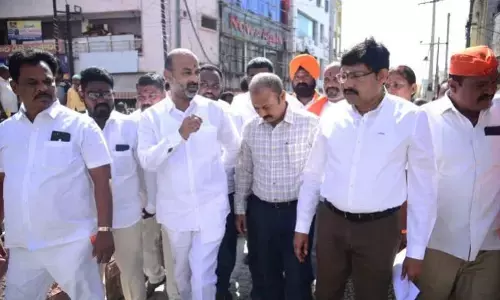 As part of “Mahajan Sampark Abhiyaan”, BJP State president Bandi Sanjay Kumar inspecting road works at Samudrala village Koheda mandal in Husnabad Constituency on Monday