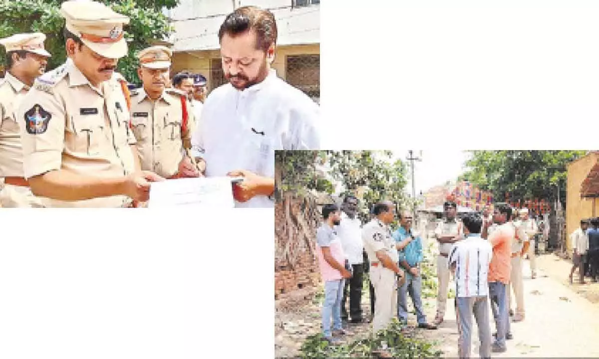 Police serving notices to former MP GV Harsha Kumar on Tuesday(Top); Police talking to villagers in Tirumalayapalem on Tuesday