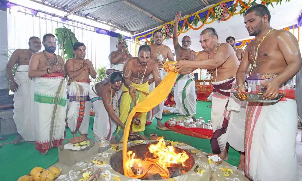 Priests performing Maha Purnahuti at Vakulamatha temple in Tirupati on Tuesday on the occasion of the first anniversary of the shrine