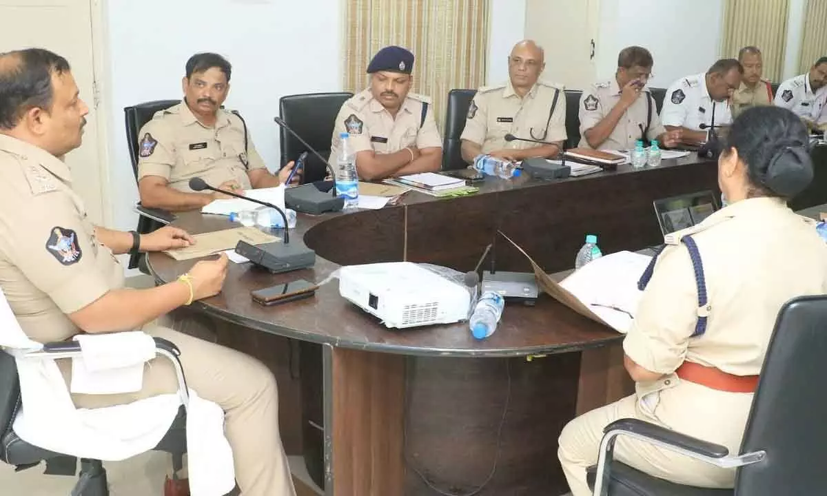 District SP P Parameswara Reddy holding a meeting with senior officials in Tirupati on Tuesday on prevention of road accidents in Tirupati and Tirumala