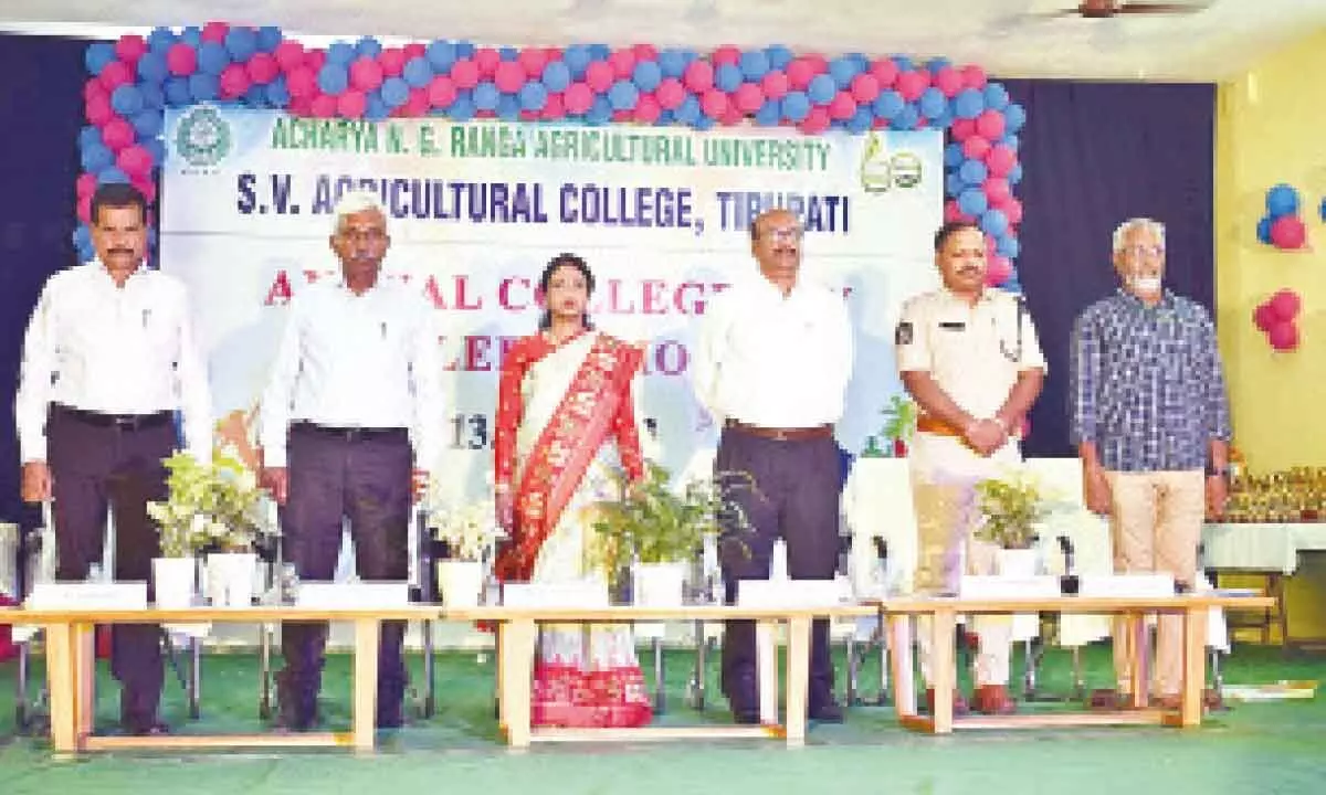 Municipal Commissioner D Haritha, Additional SP J Venkata Rao, Dean Dr P Sudhakar and others at the College Day  celebrations of SV Agricultural College in Tirupati on Tuesday