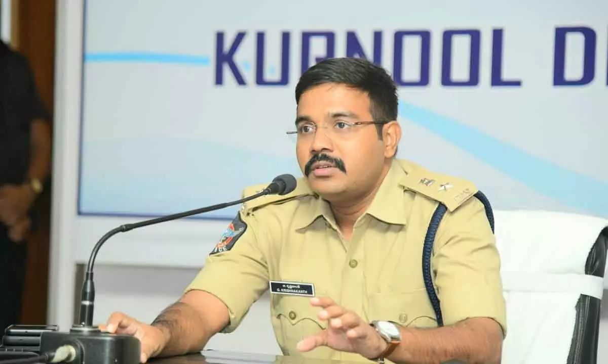 SP G Krishna Kanth addressing crime review meeting at the District Police Office in Kurnool on Tuesday