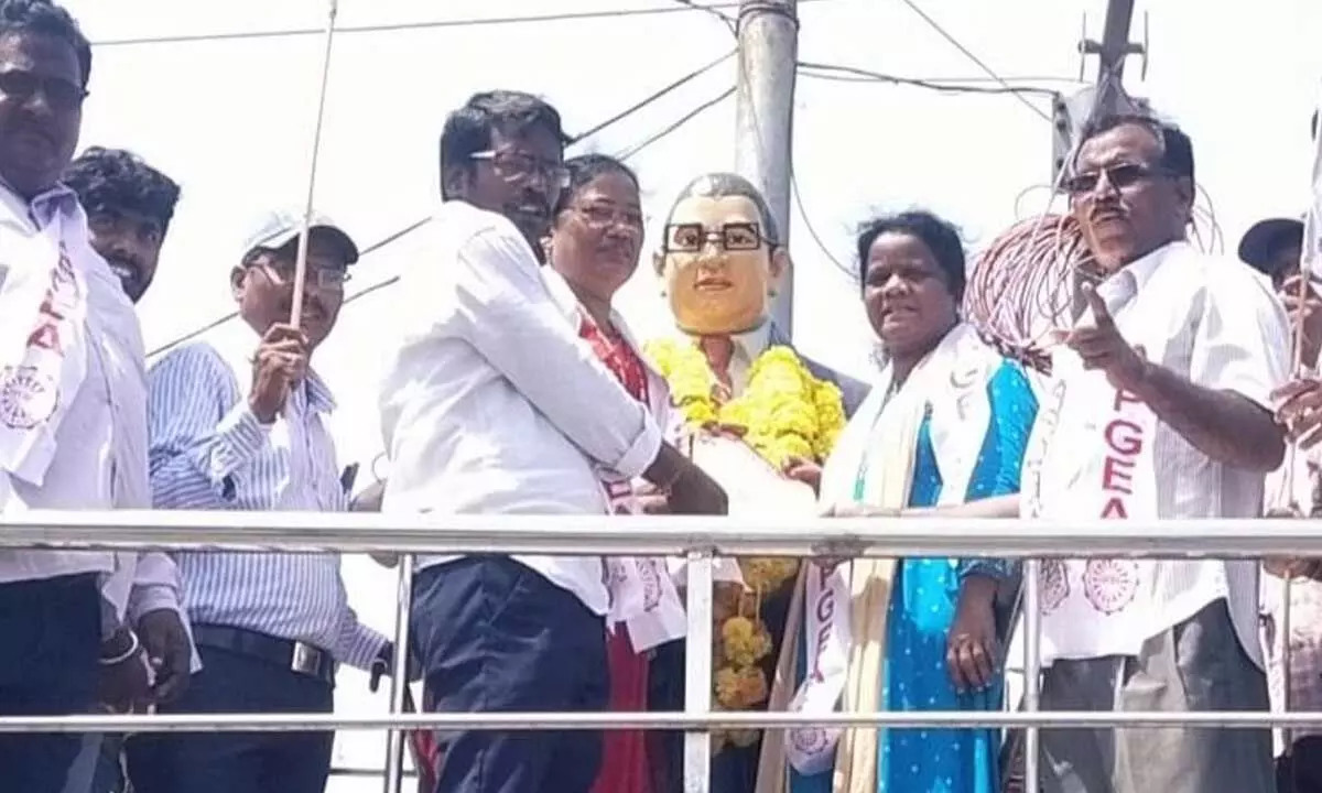 APGEA leaders submitting memorandum to Dr BR Ambedkar’s statue in Srikakulam on Wednesday