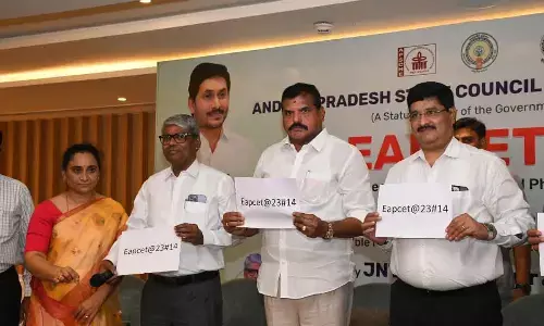 Minister for Education Botsa Satyanarayana  and other officials releasing a AP EAPCET -2023 results .in Vijayawada on Wednesday ( Hans photo Ch Venkata Mastan )