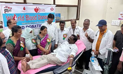 Transport Minister Puvvada Alay Kumar donating blood in Khammam on Wednesday