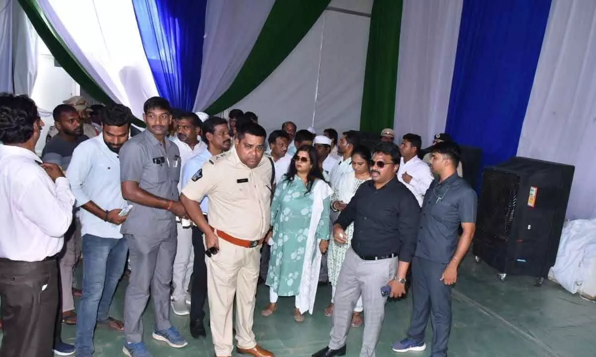 Krishna district Collector P Raja Babu and SP P Joshuva inspecting the arrangements for CM Jagan’s visit, at Gudivada on Thursday