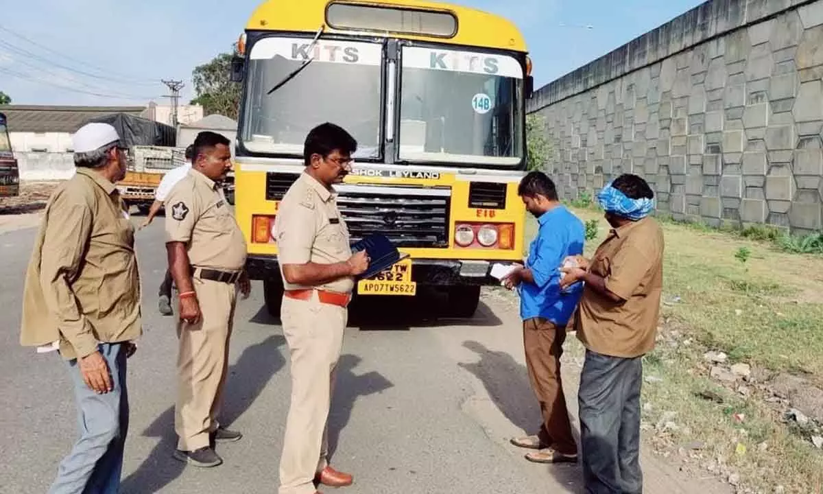 RTA officials checking a school bus in Guntur