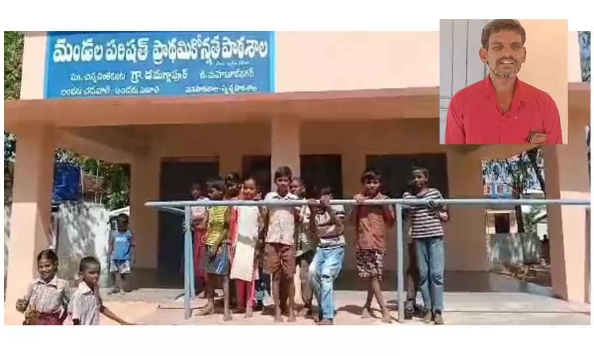 Students standing outside after the school as they were not allowed inside Dhamagnapur village on Thursday;  Contractor Boya Babu who locked the government primary school in Dhamagnapur village (Inset Pic)