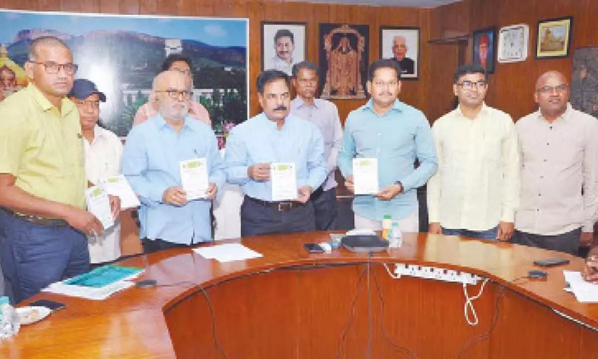 S V University vice-chancellor Prof K Raja Reddy and APPGECET convenor Prof R V S Satyanarayana releasing the results in Tirupati on Thursday