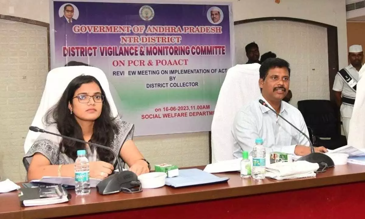 District Level Vigilance and Monitoring Committee Chairman and District Collector S Dilli Rao reviewing the progress of SC/ST cases at a meeting at Vijayawada Collectorate on Friday